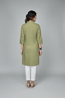 Olive Handwoven Shirt Collar Tunic with Hand Embroidery Detailing