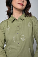 Olive Handwoven Shirt Collar Tunic with Hand Embroidery Detailing