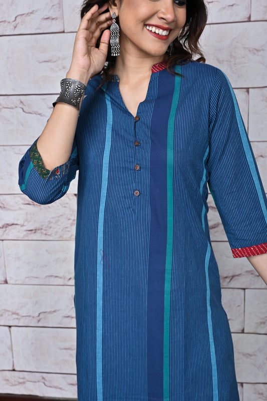 Blue Stripes Straight Cut Kurta with Hand Embroidery Detailing
