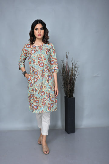 Yellow Floral Printed Straight Cut Kurta