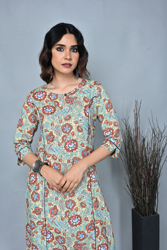 Yellow Floral Printed Straight Cut Kurta