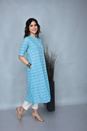 Turquoise Floral Printed Cotton Kurta