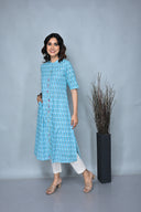 Turquoise Floral Printed Cotton Kurta