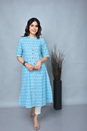 Turquoise Floral Printed Cotton Kurta