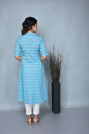 Turquoise Floral Printed Cotton Kurta
