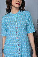 Turquoise Floral Printed Cotton Kurta