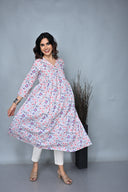 White Floral Printed Cotton Anarkali Dress