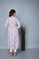 White Floral Printed Cotton Anarkali Dress