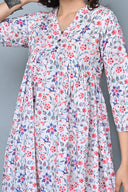 White Floral Printed Cotton Anarkali Dress