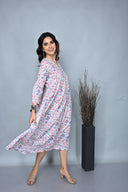 White Floral Printed Cotton Anarkali Dress