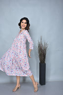 White Floral Printed Cotton Anarkali Dress