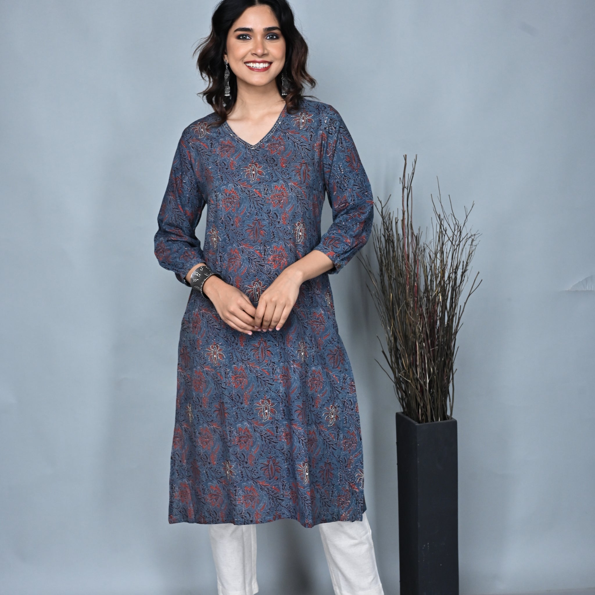 Indigo Ajrakh A-Line Dress with Hand Embroidery