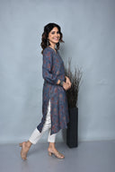 Indigo Ajrakh Hand Block Printed Hand Embroidered Cotton A-Line Dress