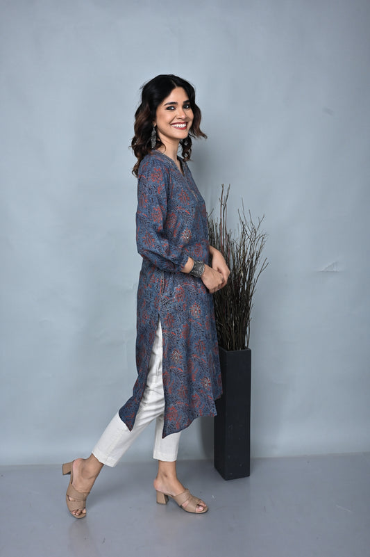 Indigo Ajrakh A-Line Dress with Hand Embroidery