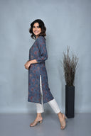 Indigo Ajrakh Hand Block Printed Hand Embroidered Cotton A-Line Dress