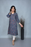 Indigo Ajrakh Hand Block Printed Hand Embroidered Cotton A-Line Dress