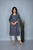 Indigo Ajrakh Hand Block Printed Hand Embroidered Cotton A-Line Dress