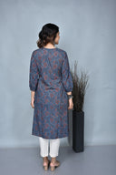 Indigo Ajrakh Hand Block Printed Hand Embroidered Cotton A-Line Dress