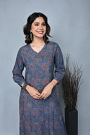 Indigo Ajrakh Hand Block Printed Hand Embroidered Cotton A-Line Dress