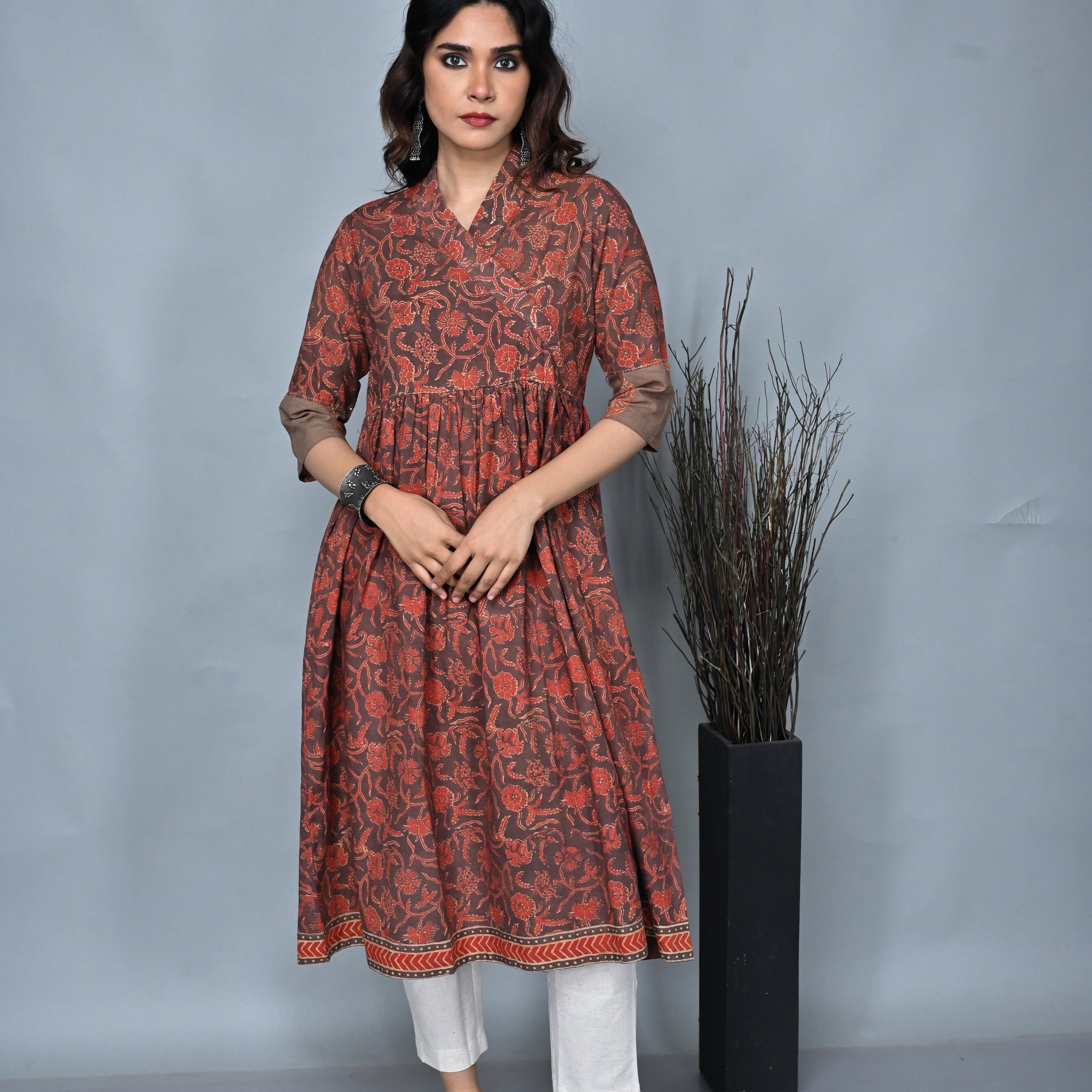 Rust Cotton Printed Ajrakh A-Line Dress With Kantha Hand Embroidery Detailing On Neck