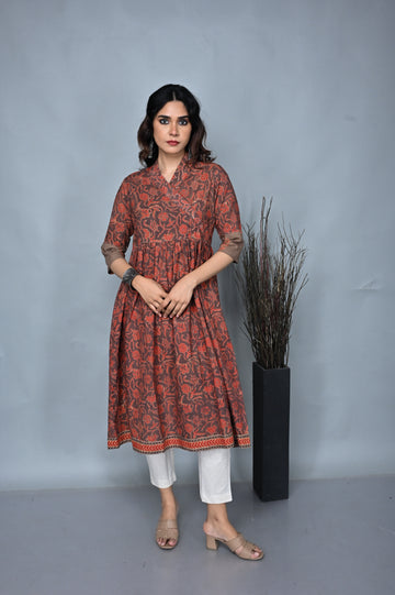 Rust Cotton Printed Ajrakh A-Line Dress With Kantha Hand Embroidery Detailing On Neck