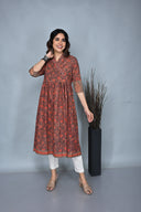 Rust Ajrakh Hand Block Printed Hand Embroidered Angrakha Dress