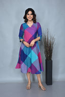 Pink-Purple Checks Handloom Cotton Bias Dress