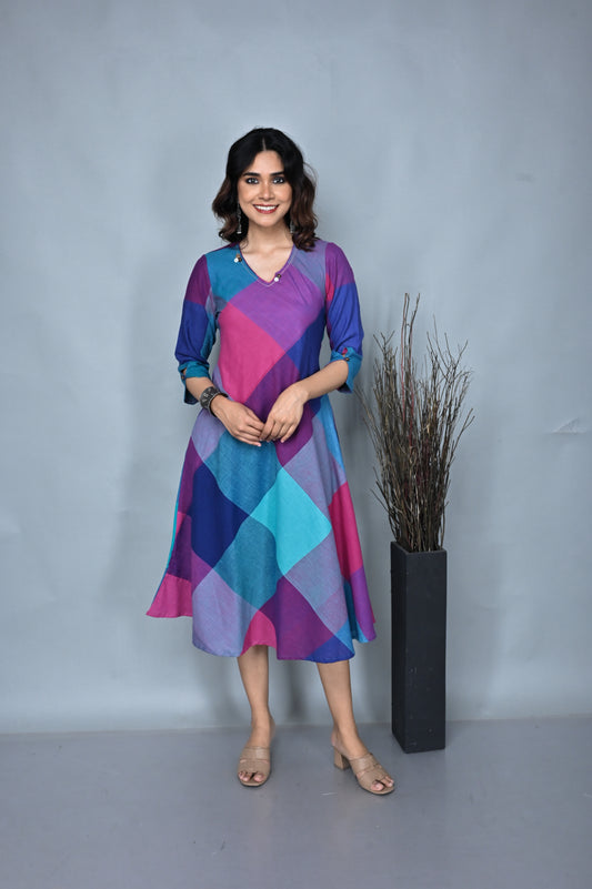 Pink-Purple Checks Handloom Cotton Bias Dress