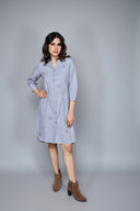 Grey Striped Hand Embroidered Handloom Cotton High-Low Dress