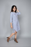 Grey Striped Hand Embroidered Handloom Cotton High-Low Dress