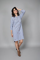 Grey Striped Hand Embroidered Handloom Cotton High-Low Dress