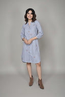 Grey Striped Hand Embroidered Handloom Cotton High-Low Dress