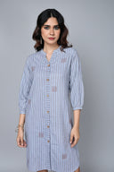 Grey Striped Hand Embroidered Handloom Cotton High-Low Dress