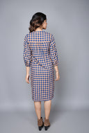 Indigo-Mustard Checks Hand Embroidered Handloom Cotton High-Low Dress