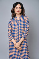 Indigo-Mustard Checks Hand Embroidered Handloom Cotton High-Low Dress