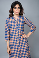 Indigo-Mustard Checks Hand Embroidered Handloom Cotton High-Low Dress