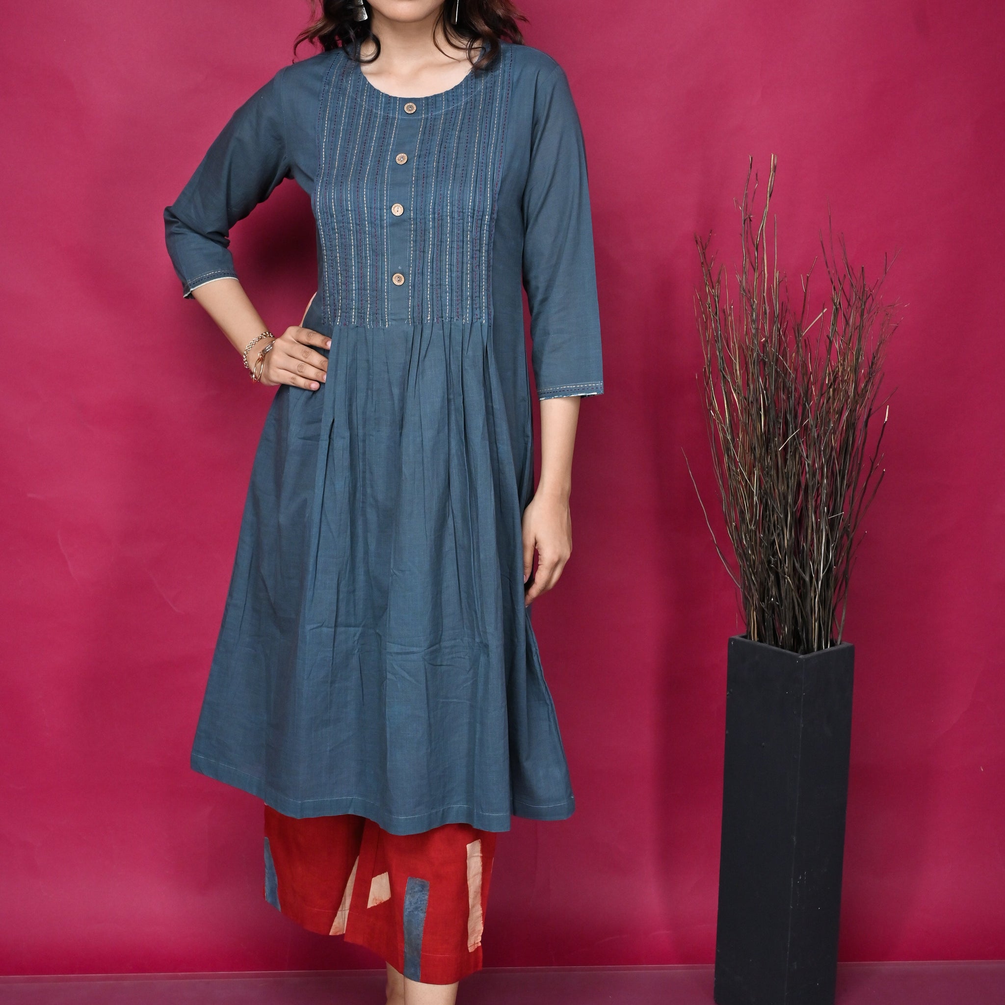 Grey Pleated Kantha Kurta