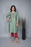 Green Tassar Silk Kurta with Hand Embroidery Detailing
