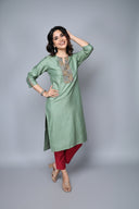 Green Tassar Silk Kurta with Hand Embroidery Detailing