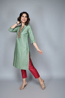 Green Tassar Silk Kurta with Hand Embroidery Detailing