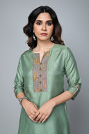 Green Tassar Silk Kurta with Hand Embroidery Detailing