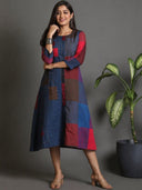 Red-Blue Checks Hand Embroidered Handloom Cotton Half & Half Dress