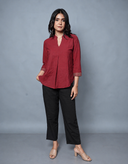 Red Handloom Cotton Pleated Top