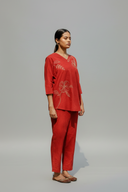 Rust Red Hand Embroidered Cotton Pleated Co-ord Set (set of 2)