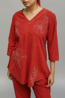 Rust Red Hand Embroidered Cotton Pleated Co-ord Set (set of 2)
