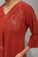 Rust Red Hand Embroidered Cotton Pleated Co-ord Set (set of 2)
