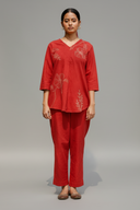 Rust Red Hand Embroidered Cotton Pleated Co-ord Set (set of 2)