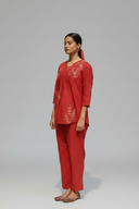 Rust Red Hand Embroidered Cotton Pleated Co-ord Set (set of 2)
