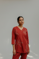 Rust Red Hand Embroidered Cotton Pleated Co-ord Set (set of 2)