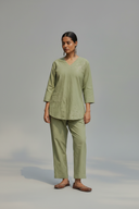 Sage Green Hand Embroidered Cotton Pleated Co-ord Set (set of 2)